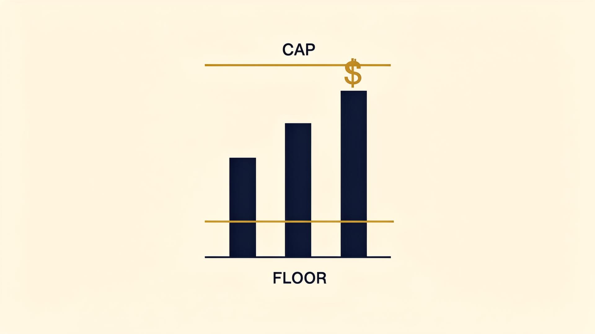 Editorial chart illustrating how an IUL policy's cap limits credited interest and floor protects against losses