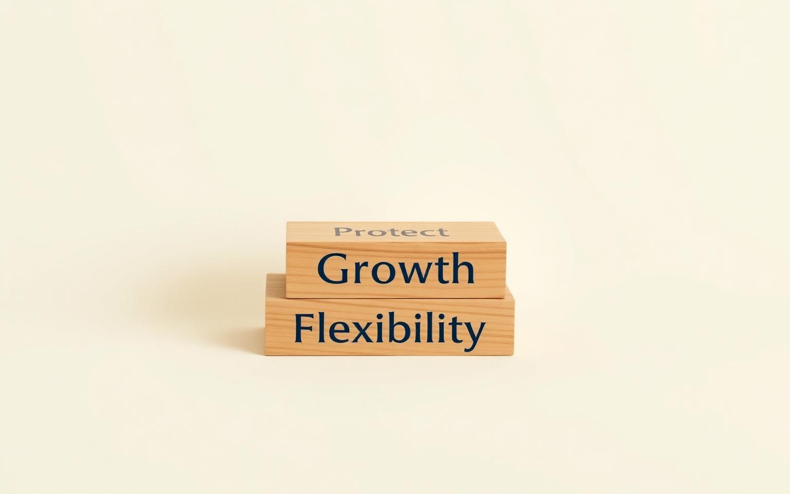Three wooden blocks labeled Protect, Growth, and Flexibility representing the three pillars of Indexed Universal Life Insurance